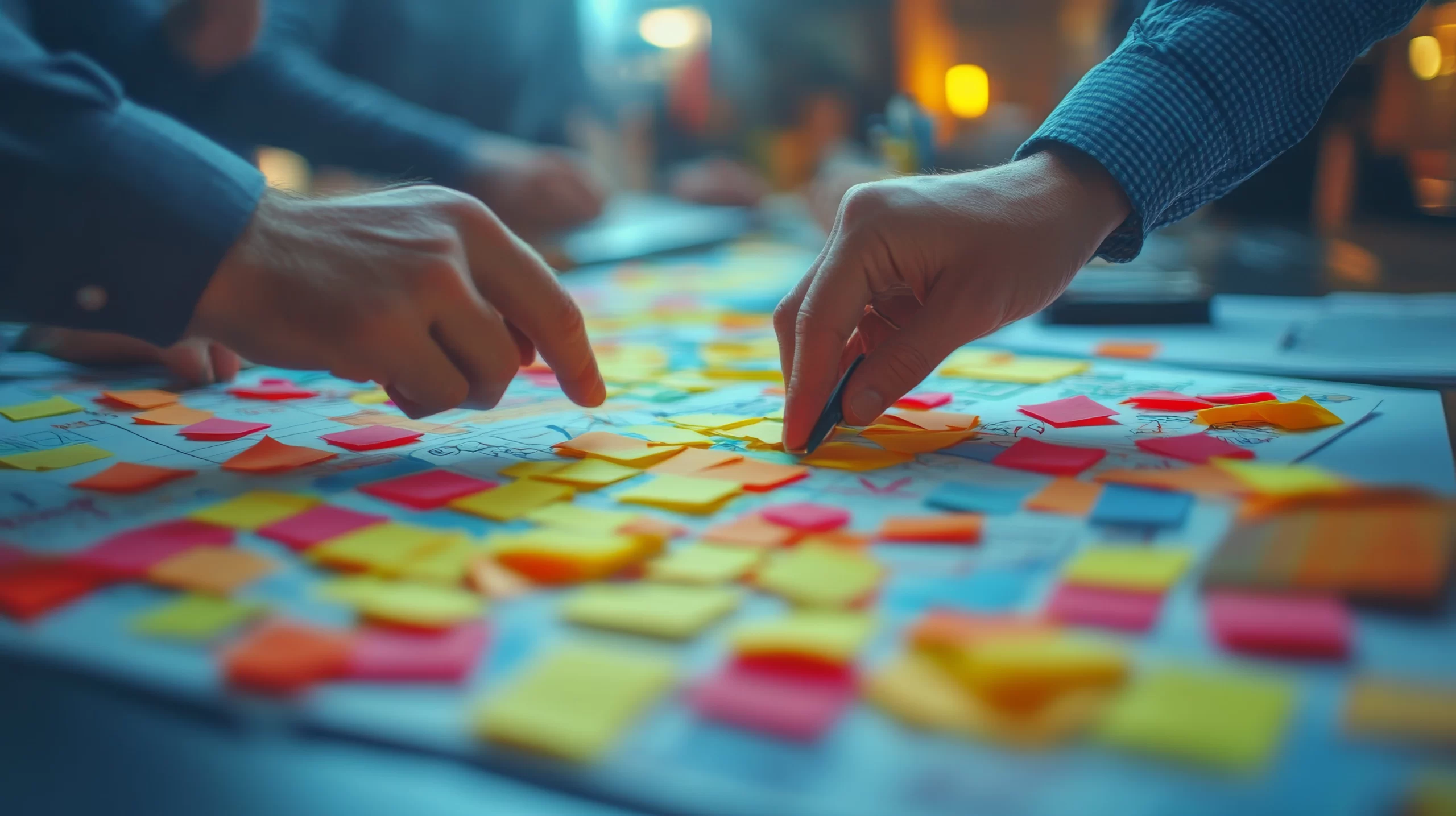 Team collaboration in a creative workspace during a brainstorming session with sticky notes
